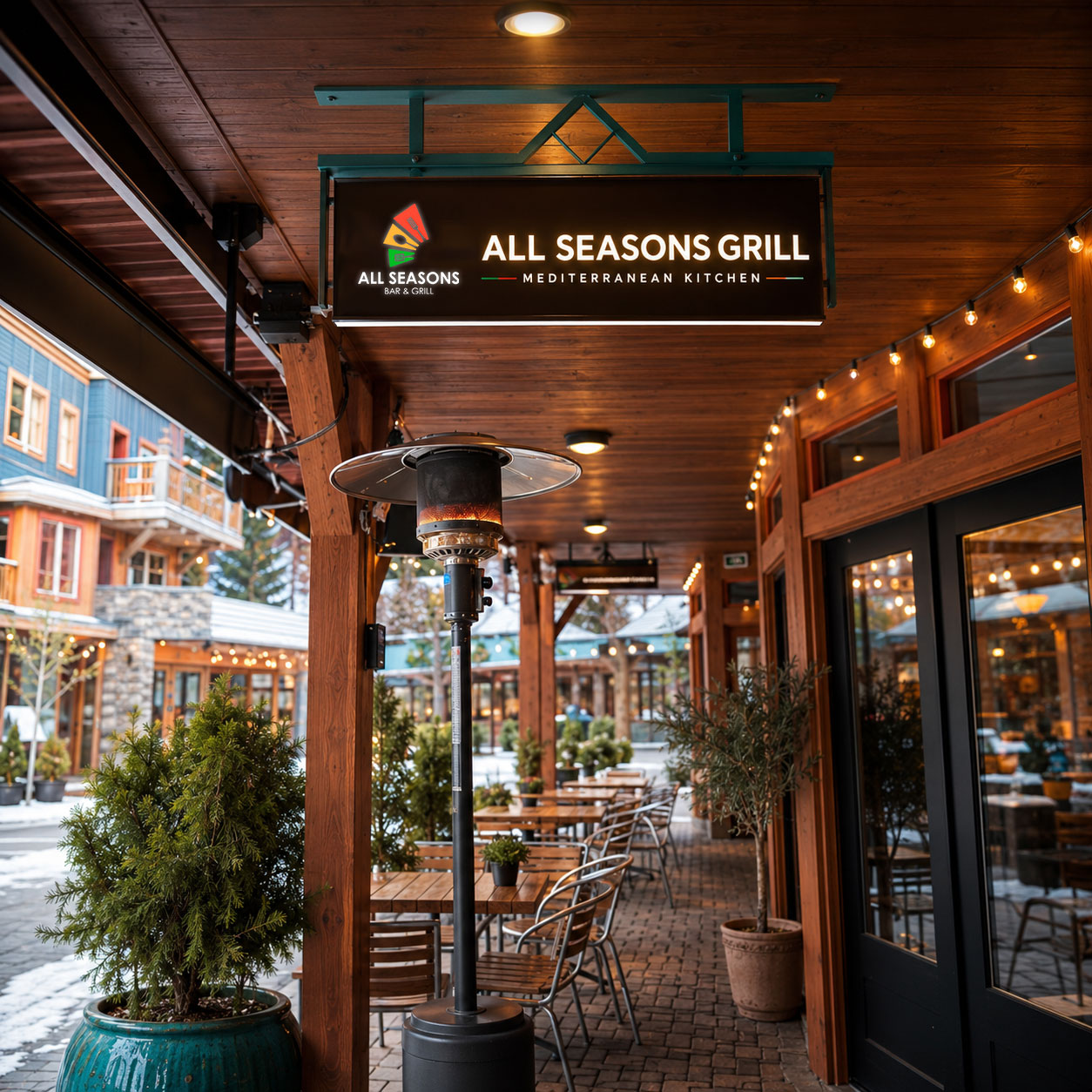 all-seasons-grill-whistler-village-mediterranean-restaurant-patio Hector's Casa Mexican restaurant menu displayed on a wooden table inside a warm and authentic Mexican dining room with traditional decor and ambient lighting.