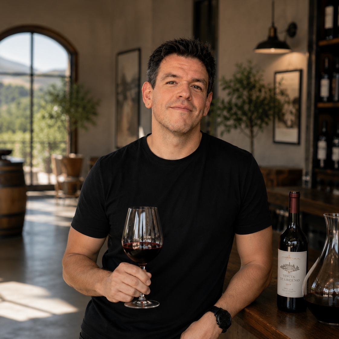 Daniel Martinez enjoying a glass of red wine in a winery tasting room, representing the founder of BuzzChefs and his passion for food and beverage brands.