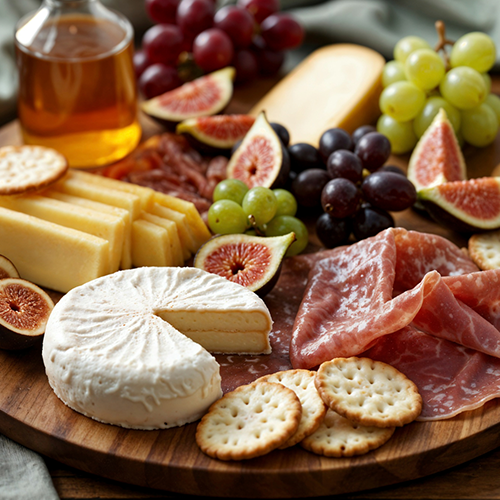 Gourmet charcuterie board with soft cheese, aged cheese, cured meats, figs, grapes, honey, and crackers.