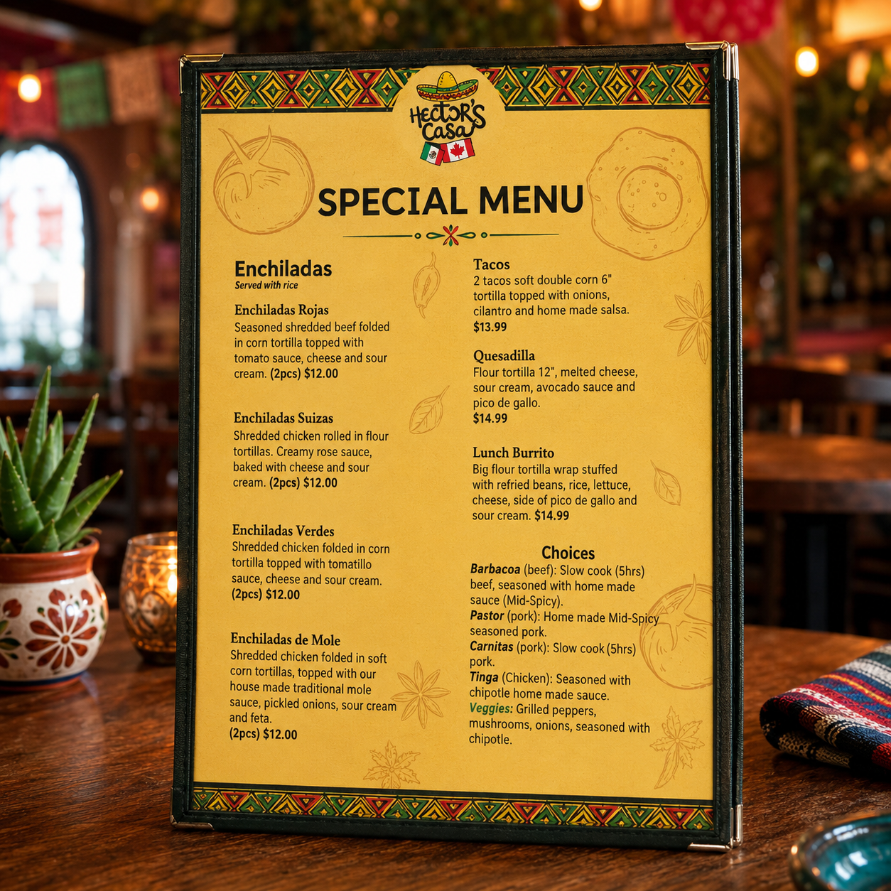 hectors-casa-mexican-restaurant-menu-on-table-kelowna-bc Hector's Casa Mexican restaurant menu displayed on a wooden table inside a warm and authentic Mexican dining room with traditional decor and ambient lighting.