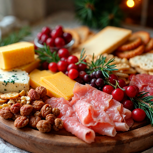 Holiday charcuterie board with artisan cheeses, cured meats, crackers, cranberries, and rosemary.