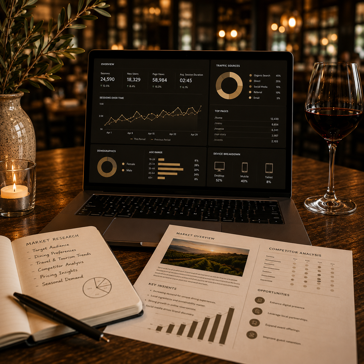 Marketing analytics dashboard and market research reports for restaurant and food and beverage businesses.