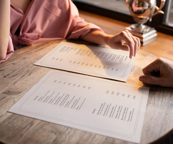 Modern restaurant menu showcasing professional menu design for a food and beverage brand.