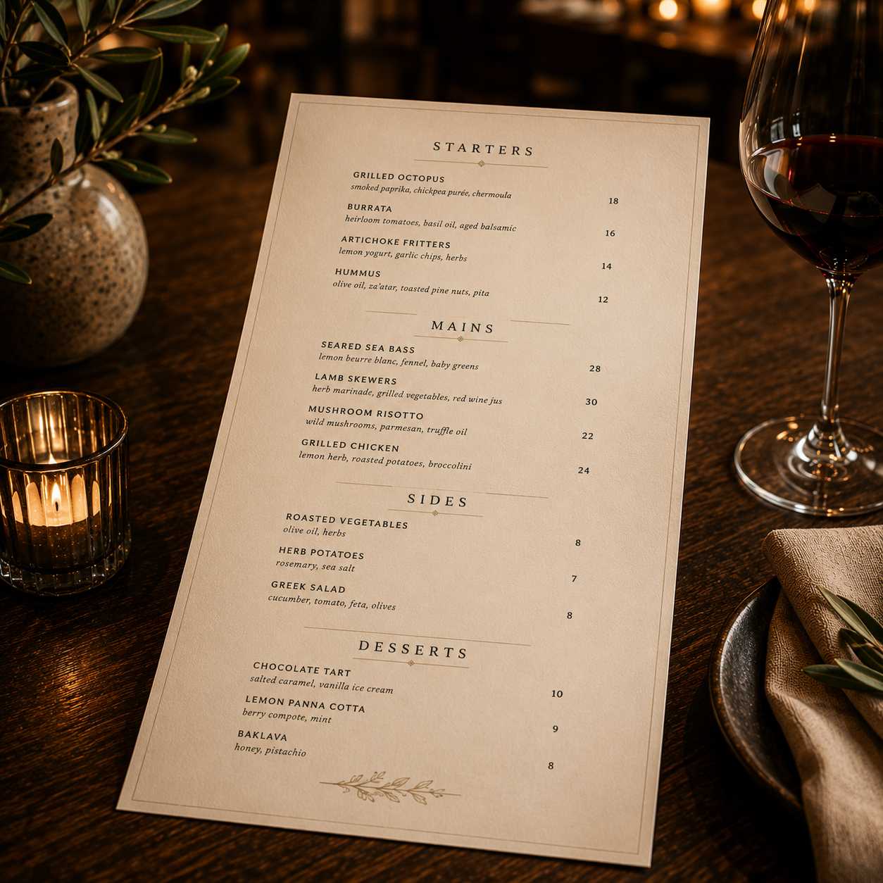 Professional restaurant menu design presented in an elegant dining environment.