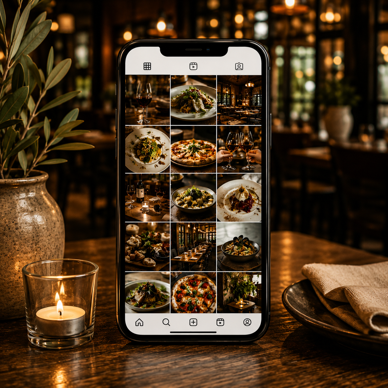 Restaurant social media feed displayed on a smartphone showcasing food photography and Instagram content strategy.