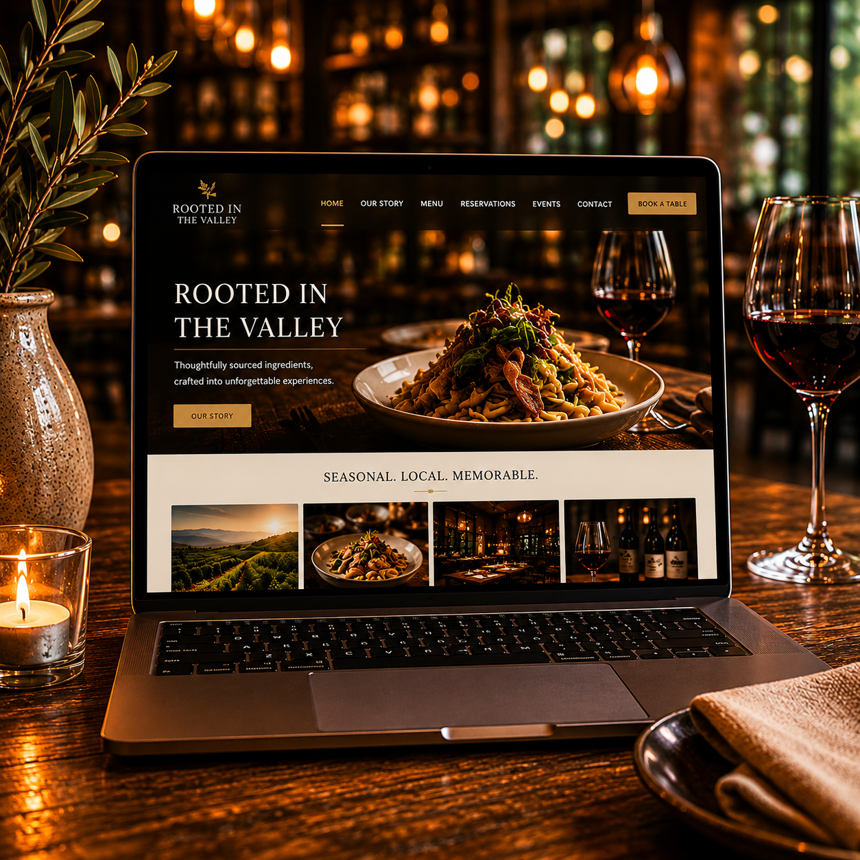 Modern restaurant website displayed on a laptop showcasing website design and digital experience services.