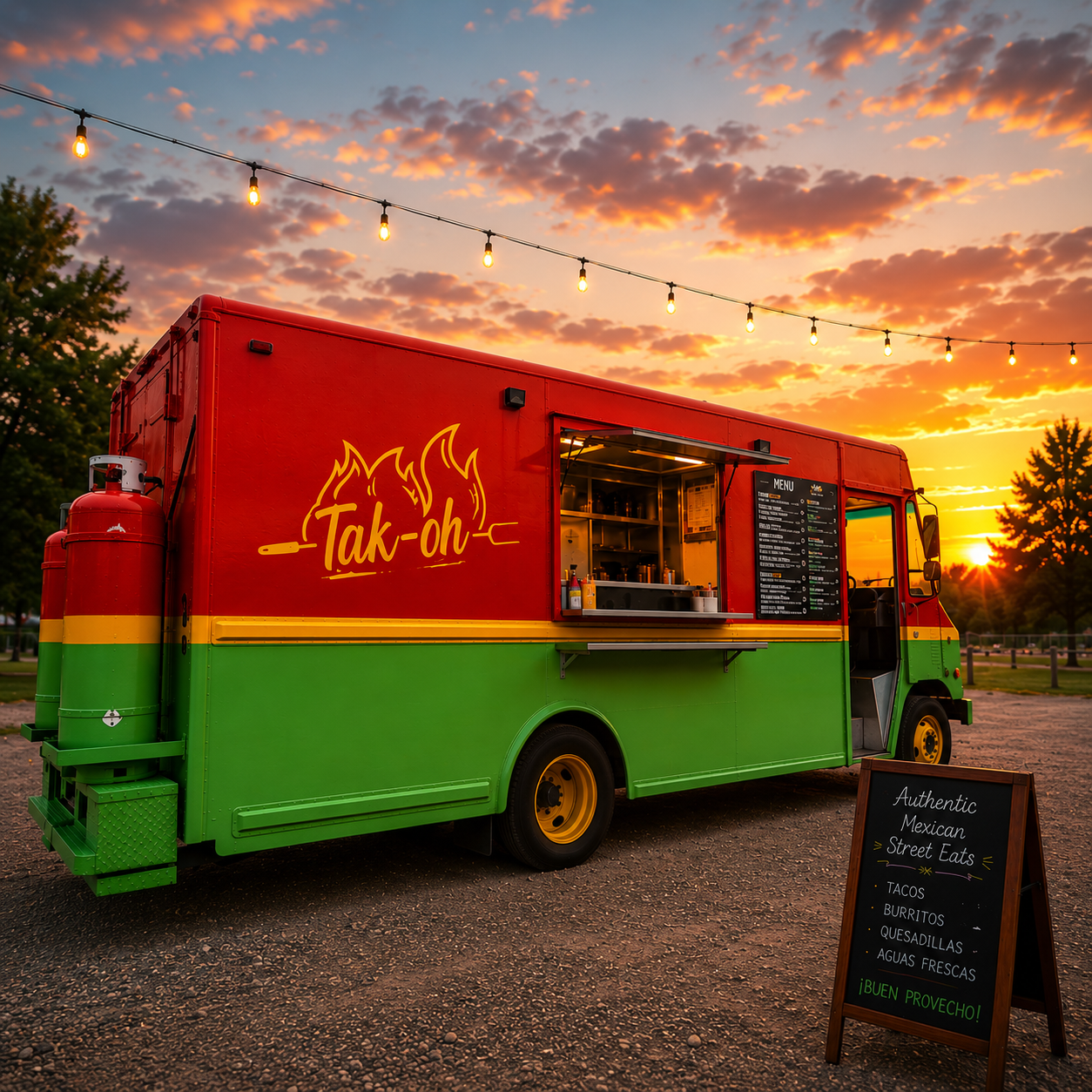 Tak-Oh Food Truck at Sunset | Mexican Street Food in Kelowna Tak-Oh Mexican food truck at sunset in Kelowna, BC, featuring vibrant branding, outdoor service window, and authentic Mexican street food atmosphere.
