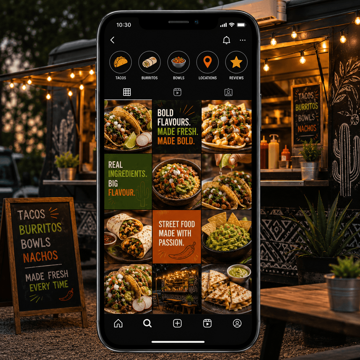 Social media feed displayed on a smartphone featuring Mexican food photography and content strategy for a food truck brand.