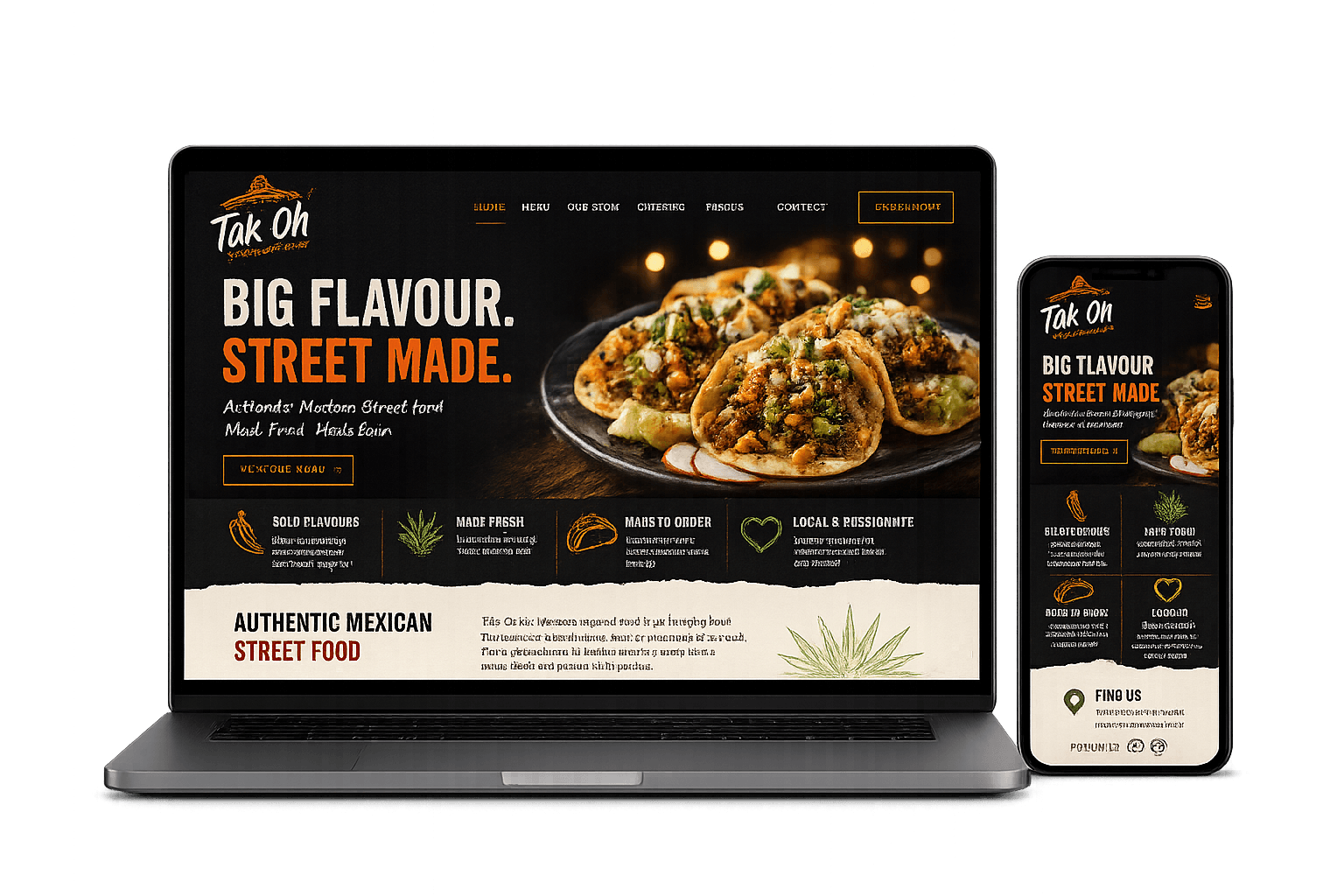 Tak-Oh website mockup displayed on laptop and mobile devices showcasing food truck branding and responsive website design.
