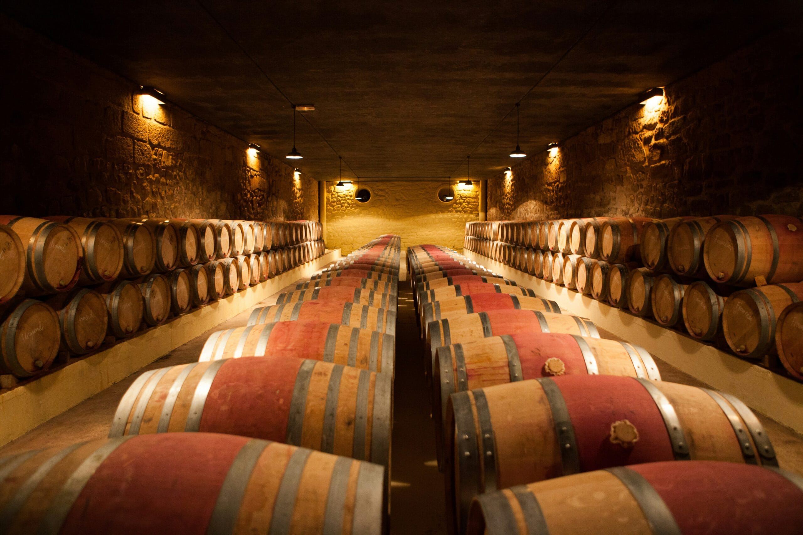 Wine barrels aging in a traditional winery cellar with warm ambient lighting and rows of oak barrels used for wine production.
