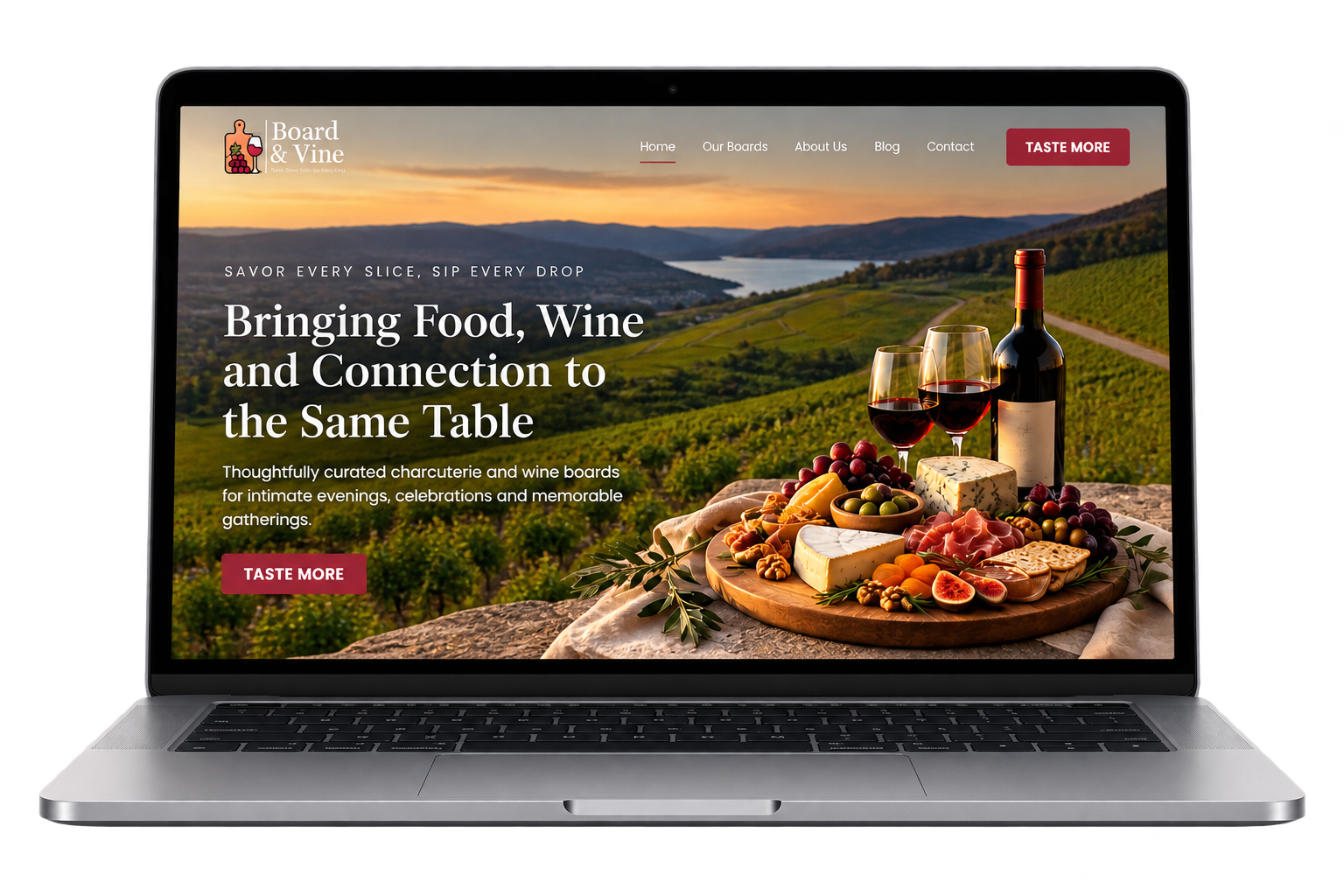Board & Vine website design displayed on a laptop, featuring a charcuterie and wine brand based in Kelowna, BC.