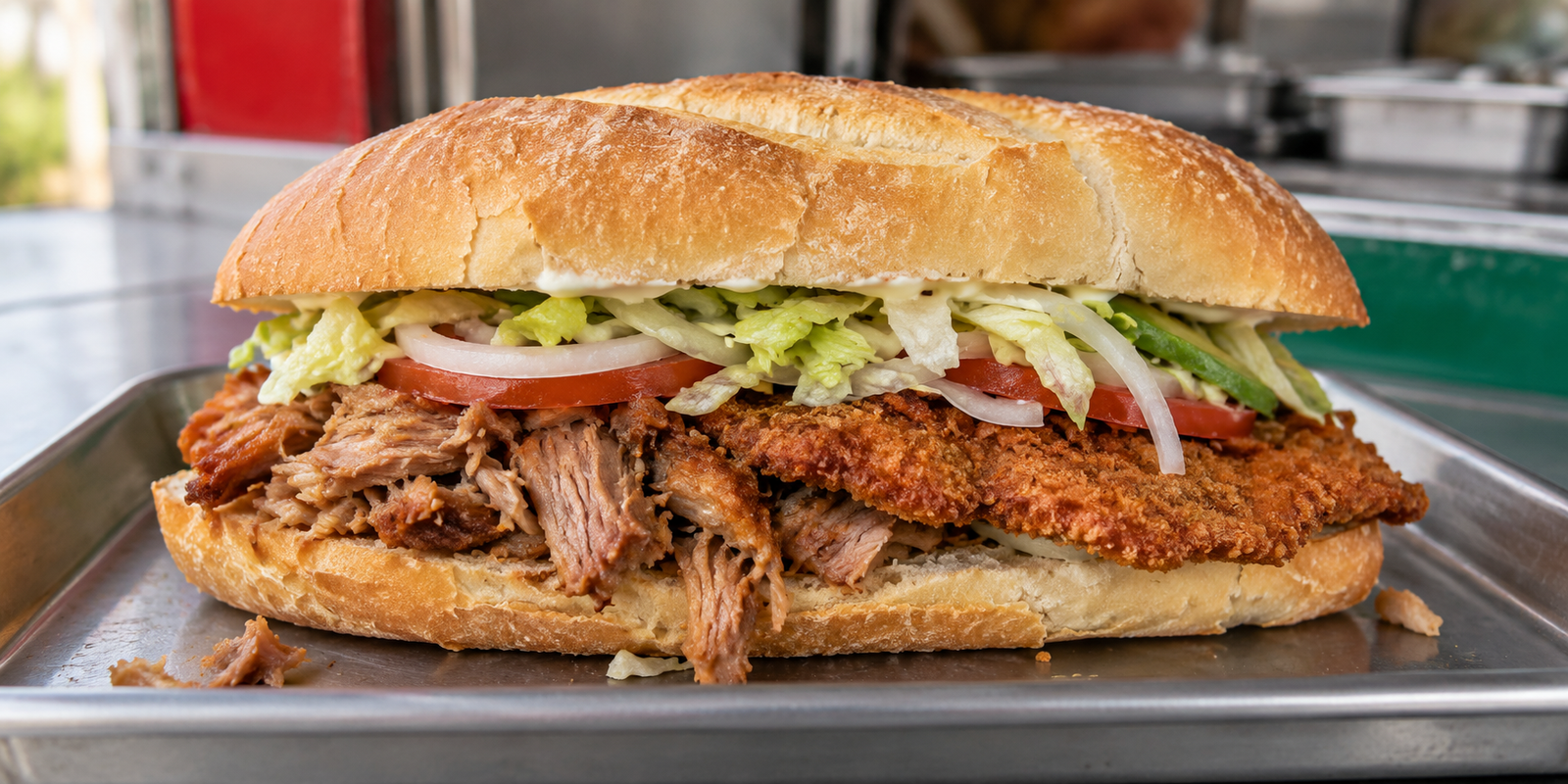 Tak-Oh Gladiator sandwich with carnitas and breaded pork