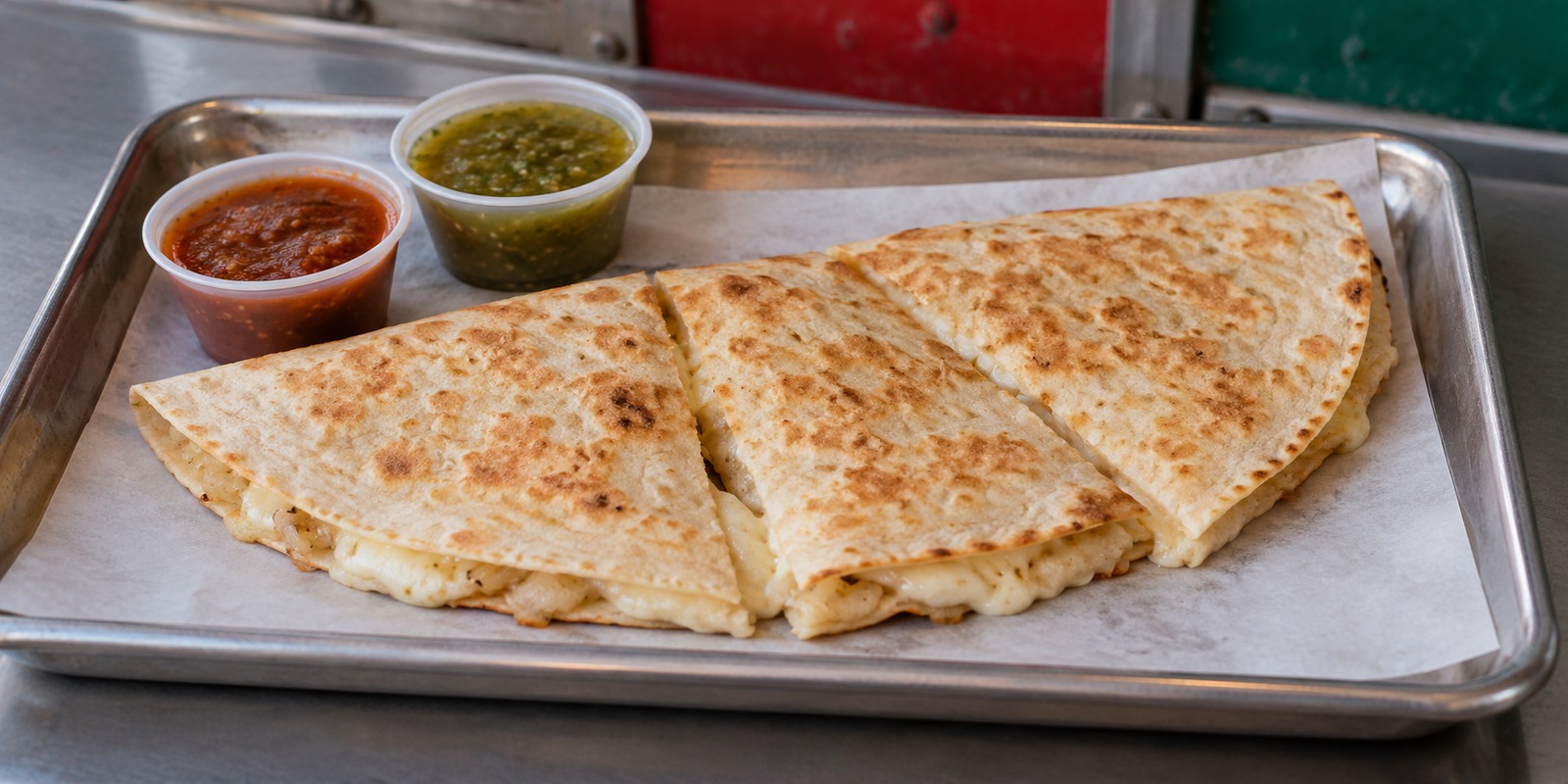 Tak-Oh cheese quesadilla served with red and green salsa