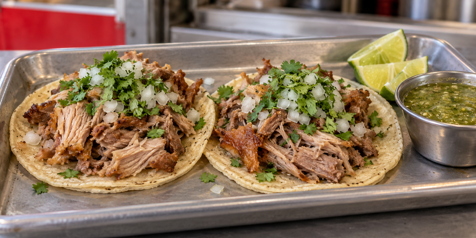 Two Tak-Oh carnitas tacos with onion, cilantro and salsa verde