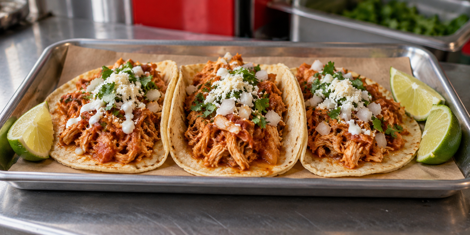 Three Tak-Oh chicken tinga tacos with cheese and fresh toppings
