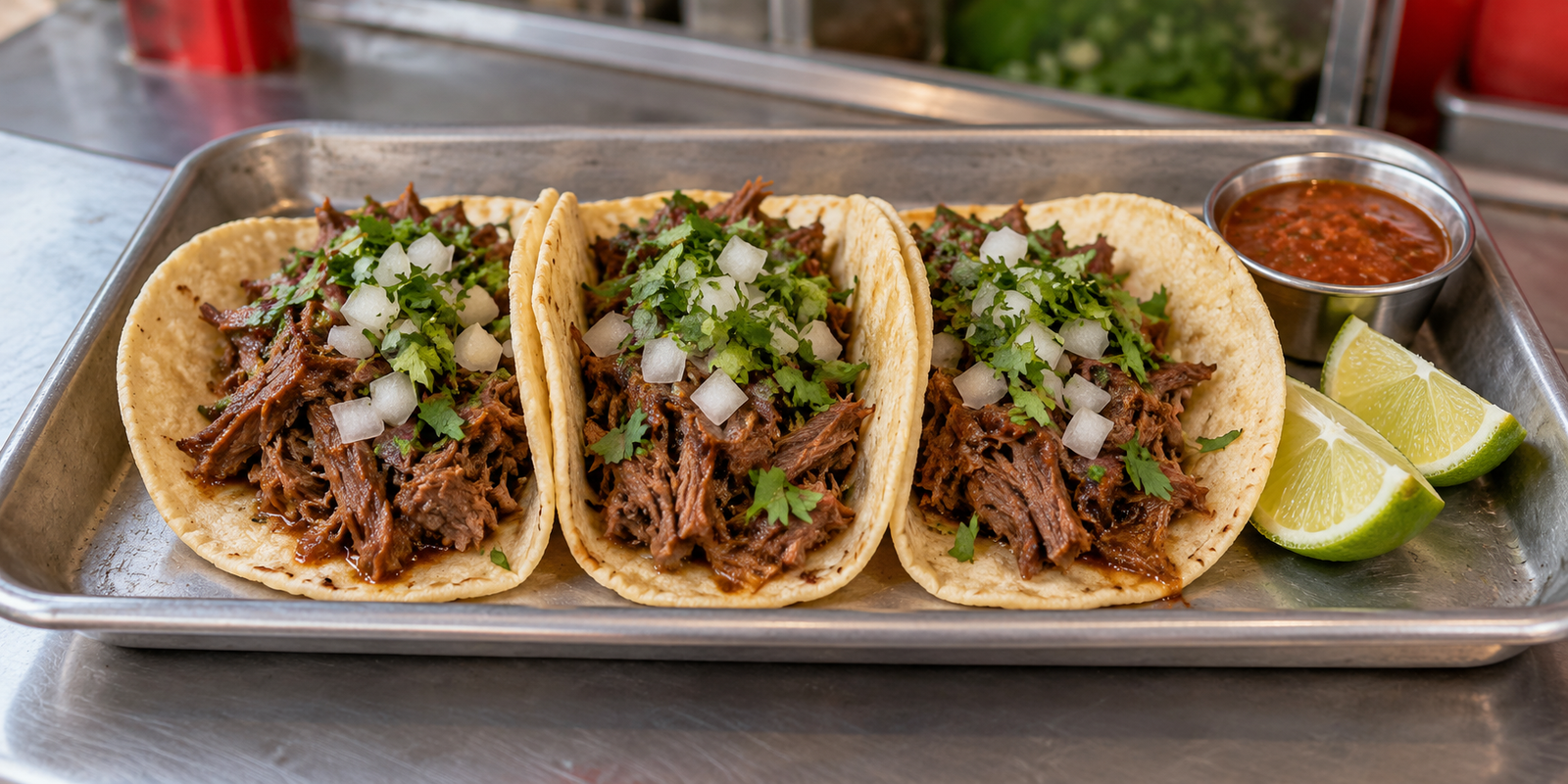 Three Tak-Oh shredded beef tacos with onion and cilantro