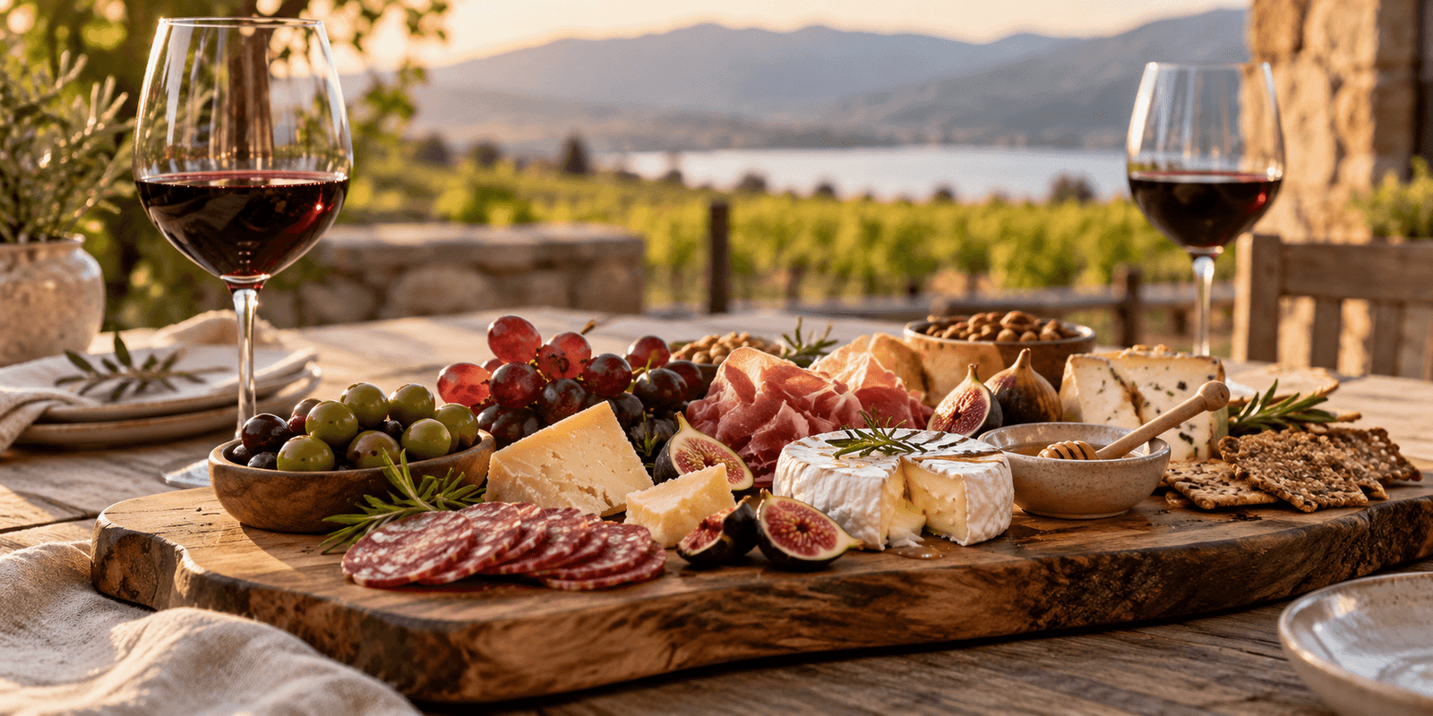 Artisanal charcuterie board and red wine overlooking an Okanagan vineyard