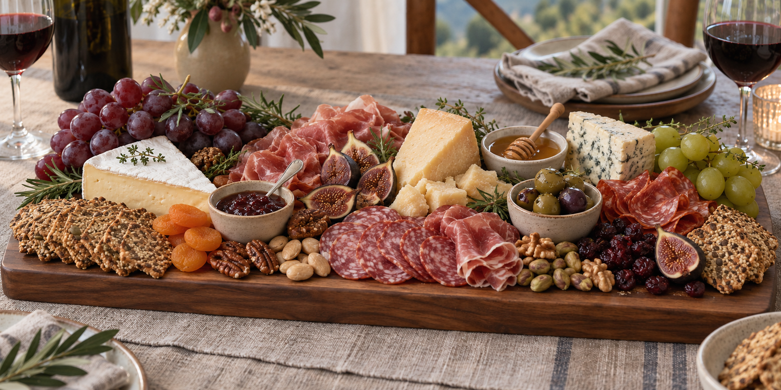 Large Board & Vine grazing board with artisan cheese, charcuterie, fruit and wine