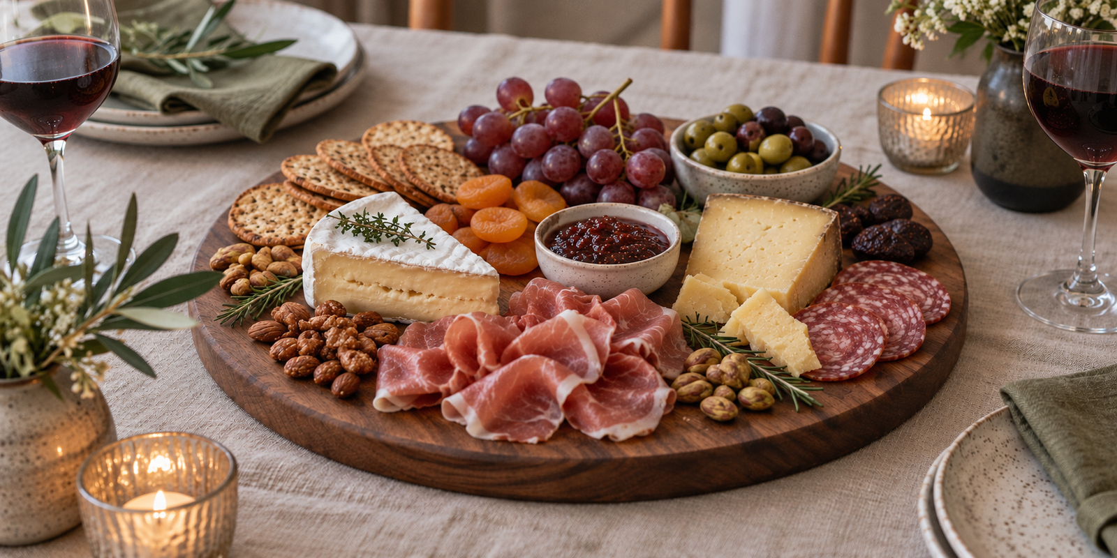 Board & Vine charcuterie spread with cheese, cured meats, fruit and wine for a gathering Title: The Gather Charcuterie Board
