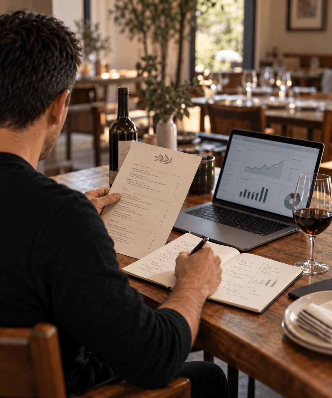 Hospitality marketer reviewing a restaurant menu and digital performance analytics
