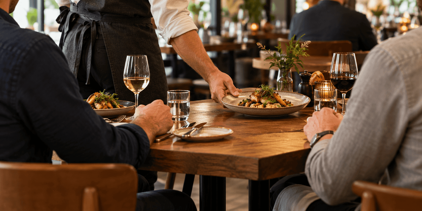 Restaurant server presenting a carefully prepared dish to guests