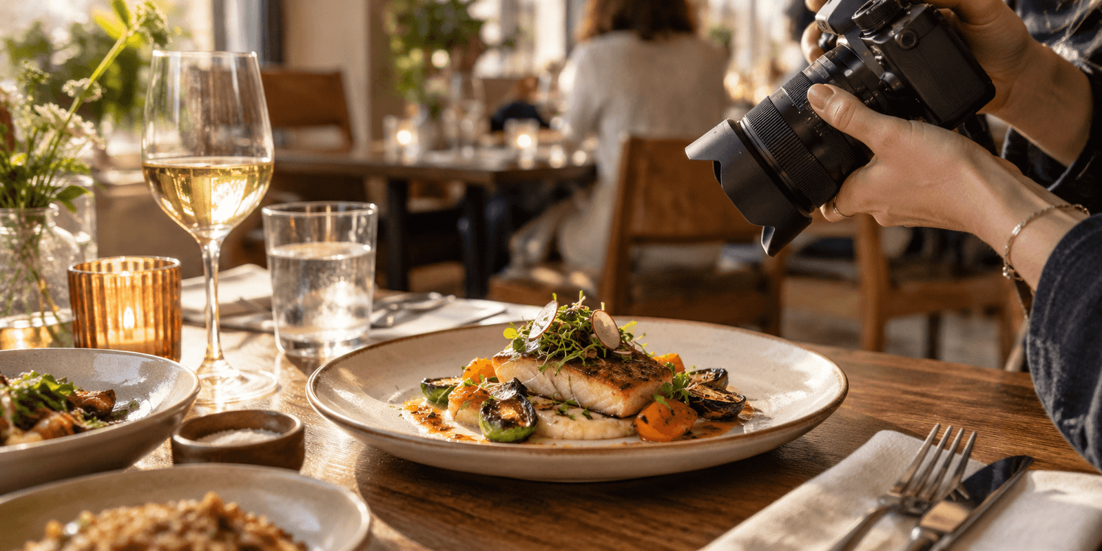 Content creator photographing a plated restaurant dish for social media