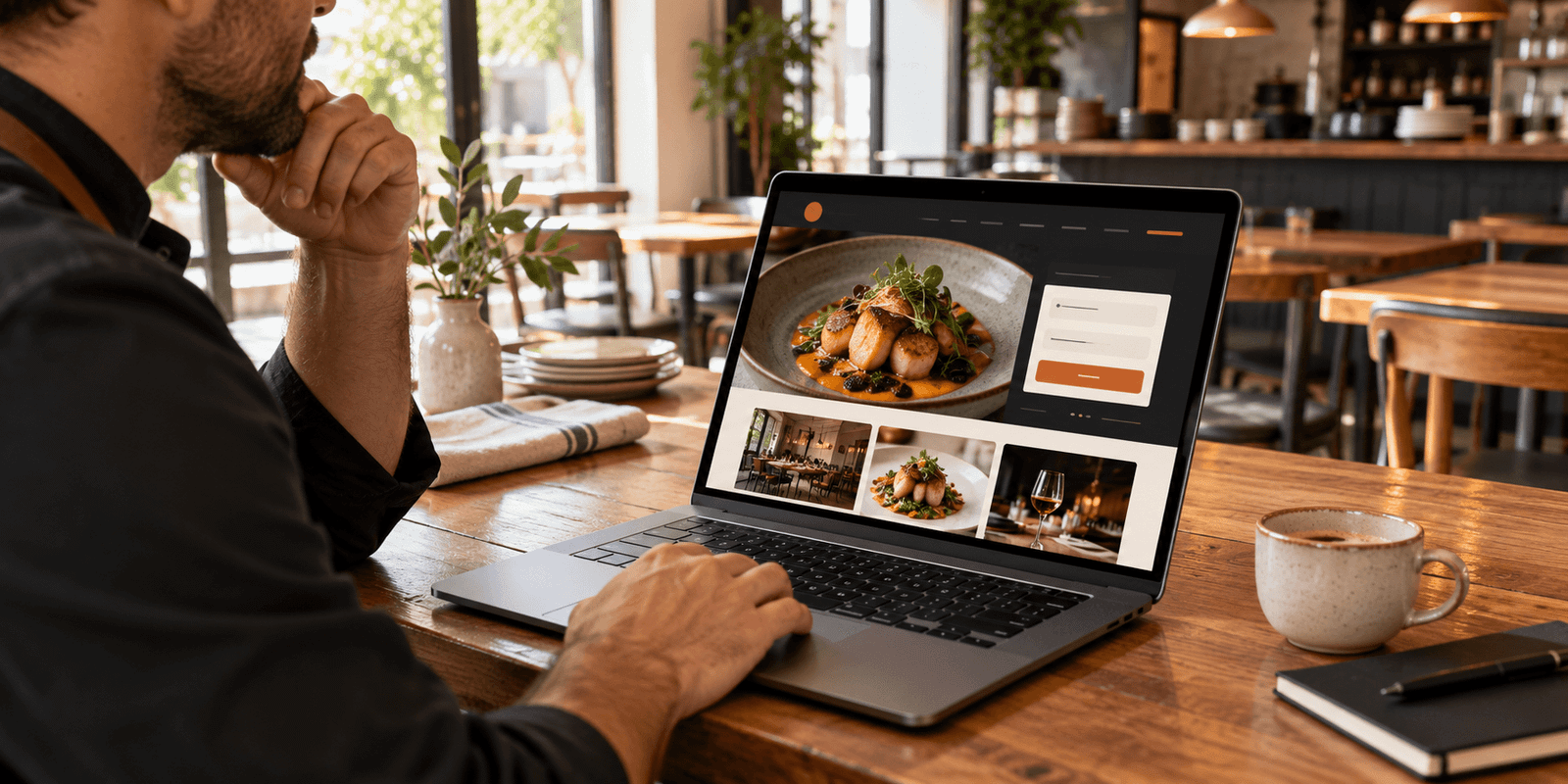 Restaurant owner reviewing a reservation-focused website on a laptop