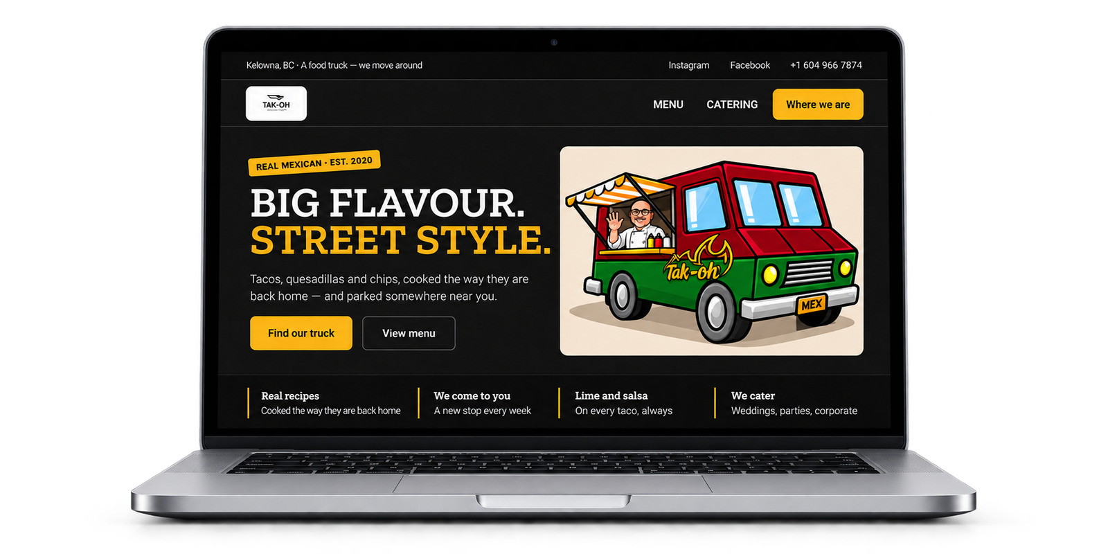 Tak-Oh Mexican food truck website displayed on a laptop